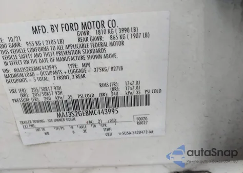 2021 Ford Ecosport Se z USA, uszkodzony, nr VIN MAJ3S2GE8MC443995